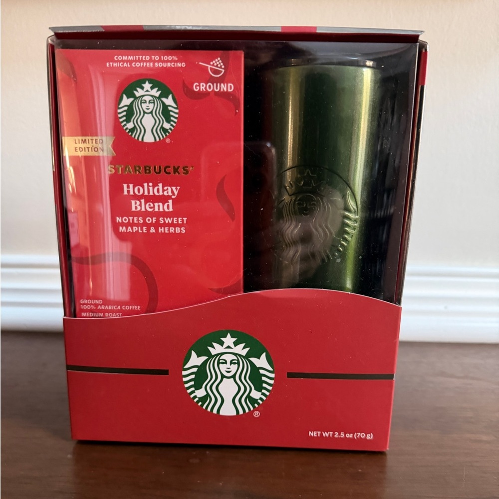 NEW 2025 Starbucks Holiday Gift Set, Ground Coffee and Green Stainless Tumbler
